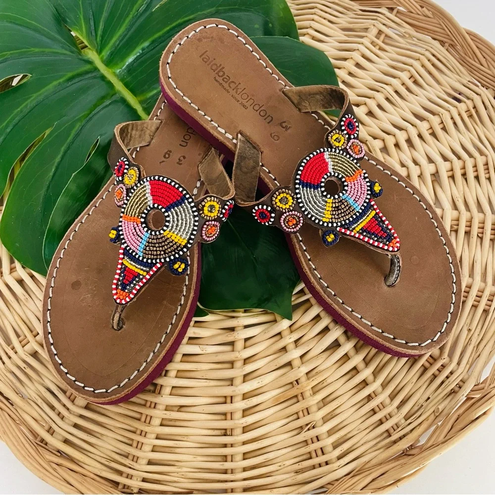 Laidback London Shibli SSR Leather Beaded Handmade Sandal Red Mix Size 39